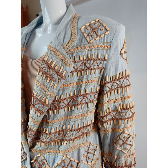 Sandy Starkman Chambray Embroidered Wood Beaded Cotton Jacket Vintage Size Large - Picture 7 of 16
